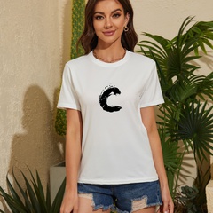 Mode Simple Nouvelle Lettre C Imprimé Col rond Manches Courtes T-shirt Top