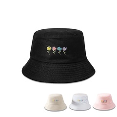 New Style Embroidered Four Flowers Women's Wide Brim Sunshade Bucket Hat