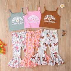Fashion Summer New Children Print  Suspender Top and Bell-Bottom Pants Suit