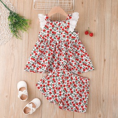 Little Girl Fashion Cherry Print Sleeveless Top and Shorts Suit Two-Piece