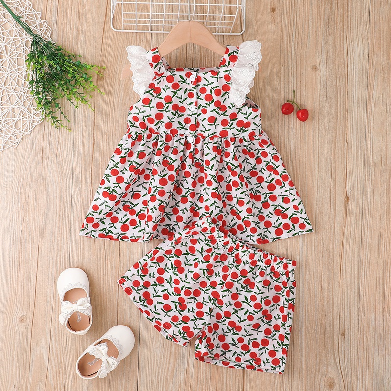 Little Girl Fashion Cherry Print Sleeveless Top and Shorts Suit TwoPiece