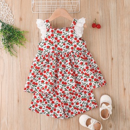 Little Girl Fashion Cherry Print Sleeveless Top and Shorts Suit TwoPiecepicture14