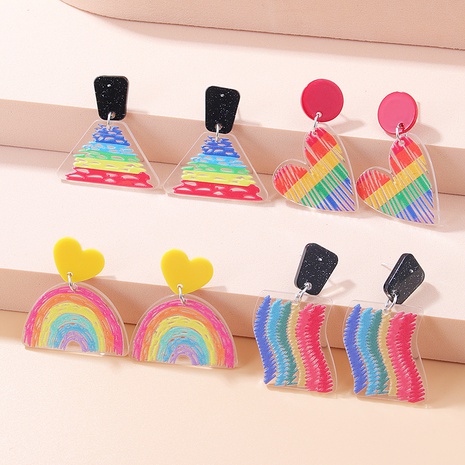 Nuevos pendientes de acrílico de corazón multicolor con estampado geométrico arco iris's discount tags