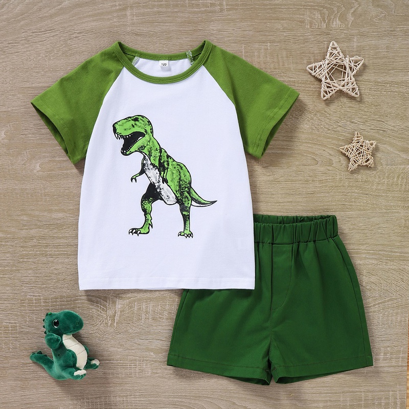 Childrens Boys Summer Casual Sports Cartoon Green Dinosaur Animal Cute Printed Shorts Suit