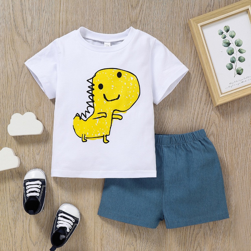 Childrens Cute Summer Casual Cartoon Yellow Dinosaur Printed Solid Color Shorts Suit