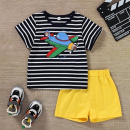 Childrens Summer Casual Aircraft Printed Striped Top Solid Color Shorts Suitpicture9