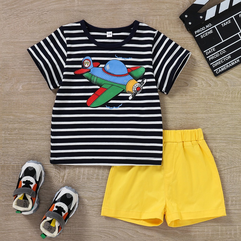 Childrens Summer Casual Aircraft Printed Striped Top Solid Color Shorts Suit