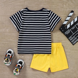 Childrens Summer Casual Aircraft Printed Striped Top Solid Color Shorts Suitpicture1