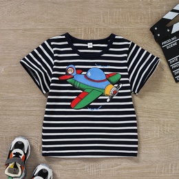 Childrens Summer Casual Aircraft Printed Striped Top Solid Color Shorts Suitpicture2