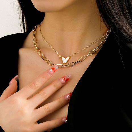 Colgante doble de mariposa blanca chapado en oro creativo de moda-Collar de cadena de capa's discount tags