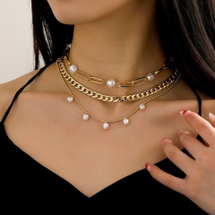 Fashion Creative Gold Plated Pearl Beaded Multi-Layer Clavicle Chain Necklace