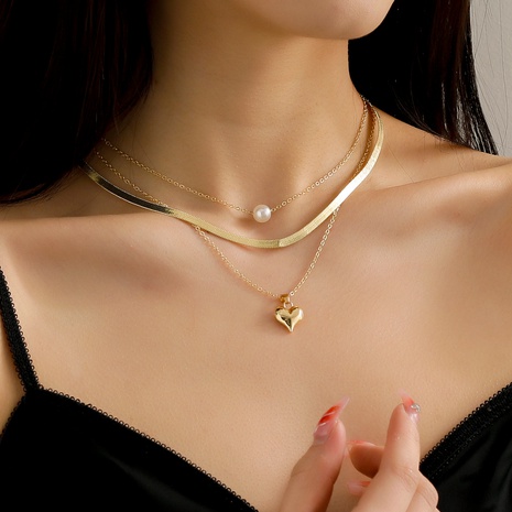 Colgante de perlas de corazón plateado oro creativo de moda Multi-Collar de cadena de clavícula de capa's discount tags