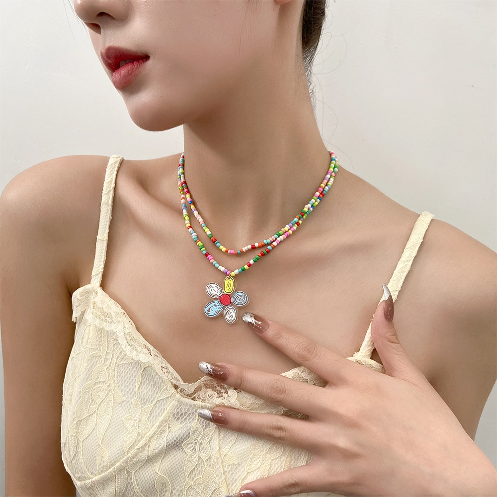 Neue stil einfache Bunte Perlen DoppelSchicht Schmetterling Anhnger Halskettepicture1