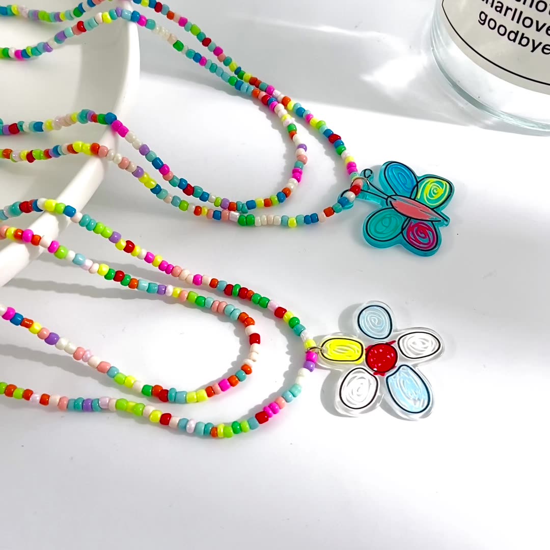 Neue stil einfache Bunte Perlen DoppelSchicht Schmetterling Anhnger Halskettepicture2