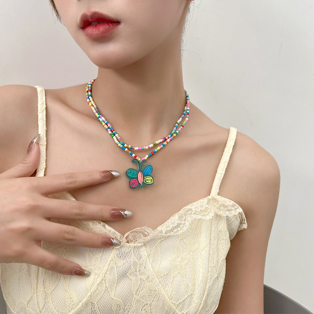 Neue stil einfache Bunte Perlen DoppelSchicht Schmetterling Anhnger Halskettepicture4