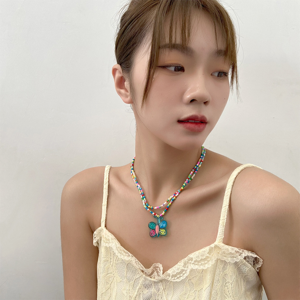 Neue stil einfache Bunte Perlen DoppelSchicht Schmetterling Anhnger Halskettepicture5