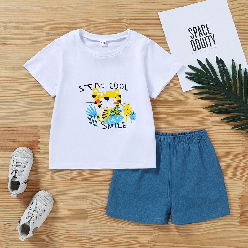 Childrens Cute Summer Cartoon Kitty Cute Letters Printed Shorts Suit