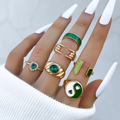 Fashion Retro Green Paint Geometric Heart Tai Chi Rhinestone-Embedded Open Ring 6-Piece Set