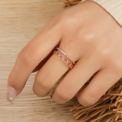 Anillo ajustable abierto de cobre con incrustaciones de diamantes de imitación de doble capa elegante de moda's discount tags