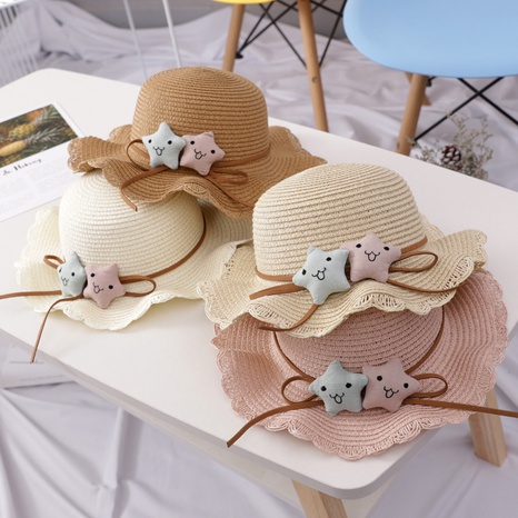 Sombrero de sol de playa de verano para niñas de Color sólido con cinta de estrellas's discount tags