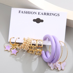 Nueva moda púrpura pentagrama forma de mariposa perla mariposa juego de aretes de 5 piezas