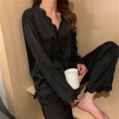 Solid Color Pajamas Women's Thin Lace Two-Piece Set Long-Sleeve