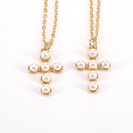 Nuevo collar de perlas de agua dulce de circonio con incrustaciones simples Retro Para Mujer en forma de cruz's discount tags
