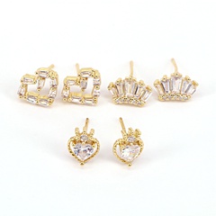 Fashion Jewelry Inlay Zircon Small Heart Crown Copper Stud Earring