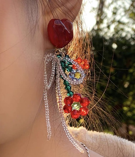 Fashion New Heart-Shaped Red Flower Bead Bow Acrylic Earrings's discount tags