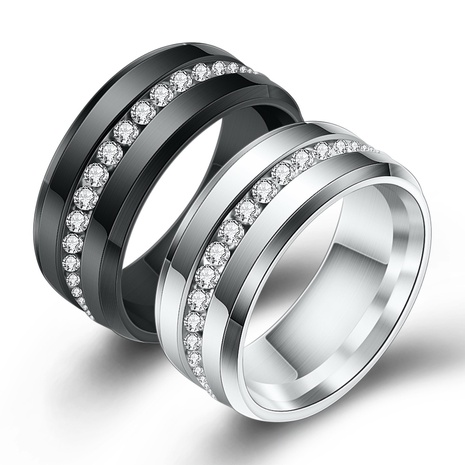 Fashion Single Row Rhinestone Inlaid 8mm Black White Titanium Steel Couple Rings's discount tags