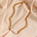 Mode 18K Gold berzogene Drei Swasser Perlen Cuban Link Kette Edelstahl Halskettepicture10