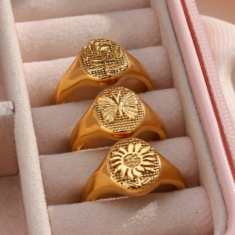 Mode Retro Geschnitzte Blume Schmetterling 18K Gold Oval Edelstahl Ring