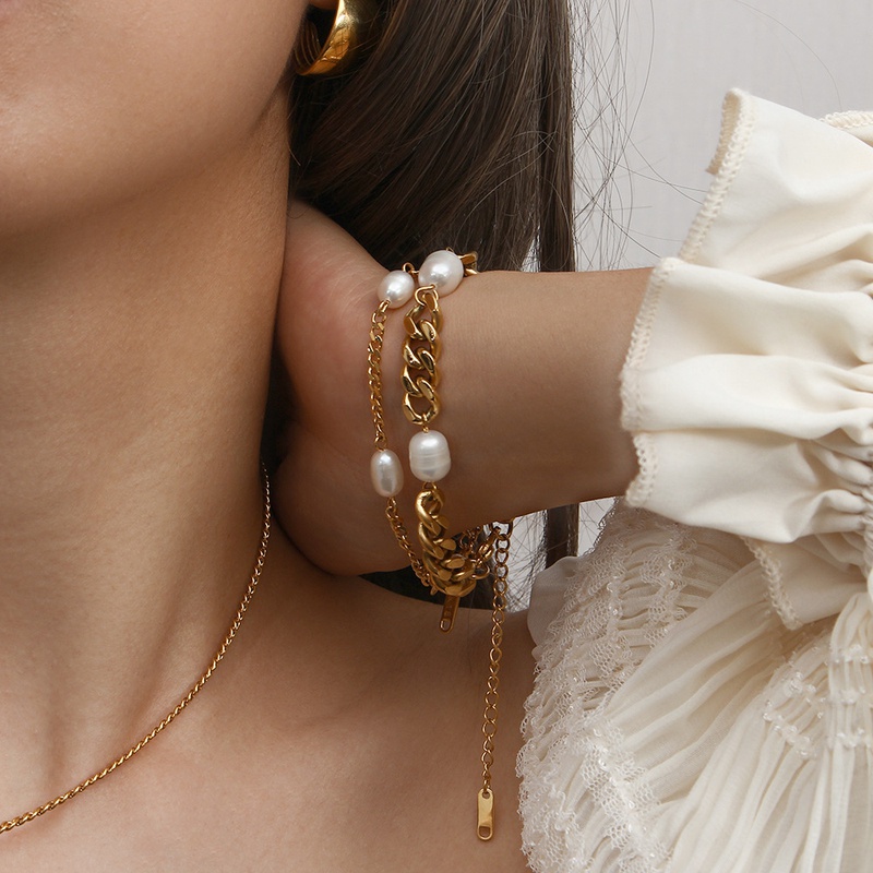 Mode Femmes de Gros Cubain Lien Chane Trois Perle En Acier Inoxydable Bracelet