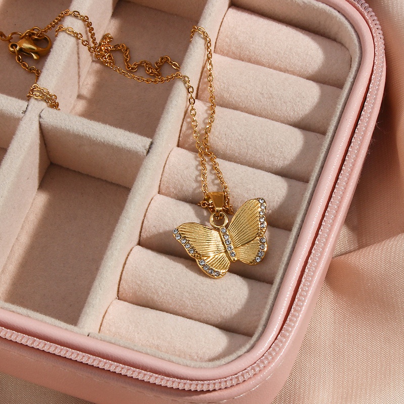 Neue Mode 18K Gold berzogene Intarsien Zirkon Schmetterling Anhnger Edelstahl Halskette