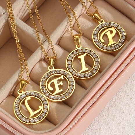 Fashion New Letter Pendant Plated 18K Inlaid Zirconium Hollow round Stainless Steel Necklace's discount tags