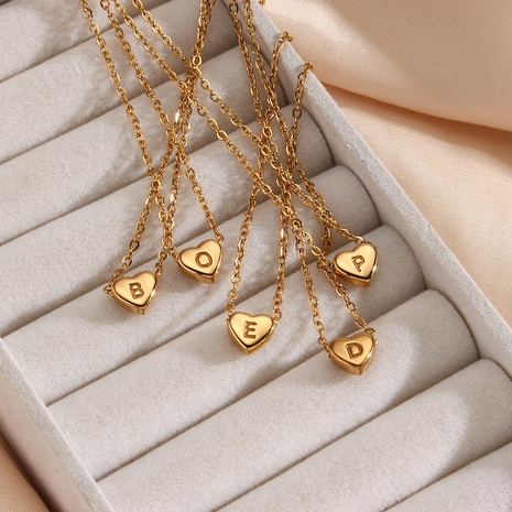 Collar de acero inoxidable con colgante de circonita de letra en forma de corazón de oro de 18K galvanizado de moda's discount tags