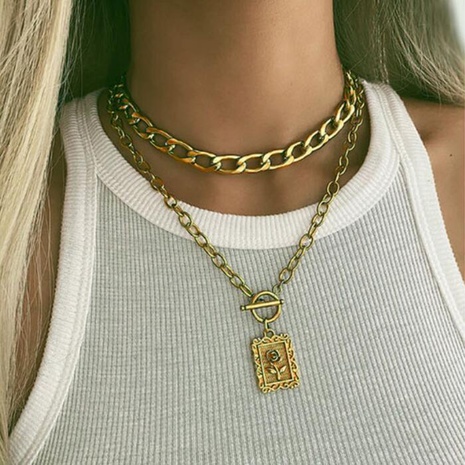 fashion golden Geometric Square Rose Buckle metal Pendant Necklace's discount tags