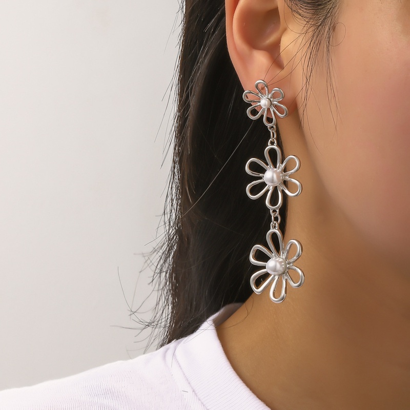 Hollow MultiLayer Flower shape Pearl alloy drop Earrings