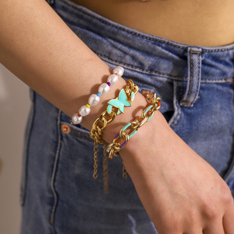 fashion adjustable size Butterfly shape Pearl chain aluminum Bracelet set's discount tags