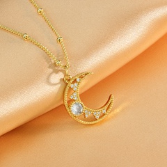 New Simple Copper Gold-Plated Hollow Crescent Pendant White Zirconium Moon Necklace
