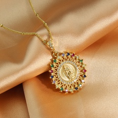 New Simple Copper Gold-Plated Inlaid Color Zirconium Virgin Mary Pendant Necklace