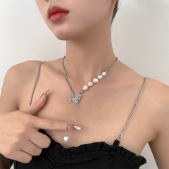 2022 New Zircon Butterfly Short Pearl Stitching chain stainless steel Necklace