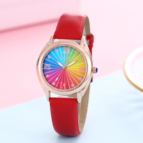 Nuevo reloj de cuarzo de aleación de cuero PU rojo con patrón de arcoíris de moda's discount tags