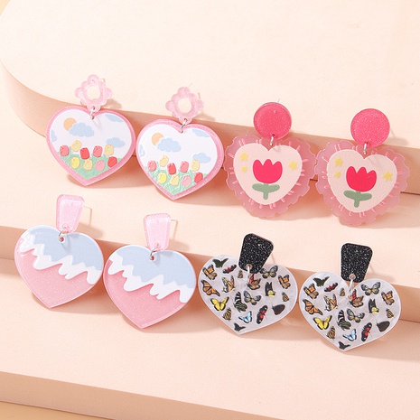 Fashion New Heart-Shaped Acrylic Pink Tulip Flower Butterfly Printed Earrings Women's discount tags
