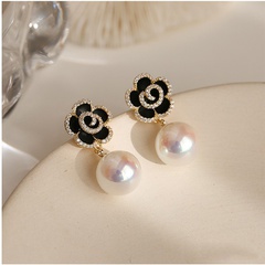 Fashionable Black Rose Pearl Diamond Flower Alloy Stud Earrings