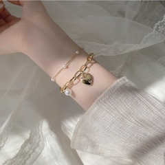 Fashion Double Layer Pearl Chain Heart Shaped Pendant Bracelet Two-Piece Set