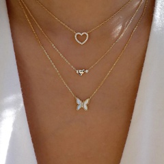 Neue Mode Herz Schmetterling Anhänger Strass Intarsien Multi-Schicht Halskette für Frauen