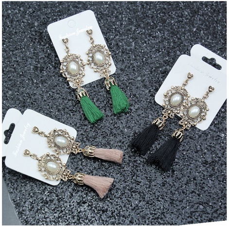 Fashion Ethnic Style Vintage Engraving Hollow Pearl Bohemian Tassel Alloy Ear Stud Earrings's discount tags
