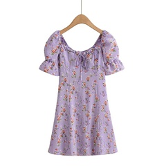 Fashion Floral Print Purple puff Short  sleeve Dress