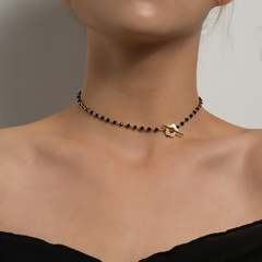 Fashion Elegant Black Crystal Glass Bead Chain OT Buckle Short Necklace